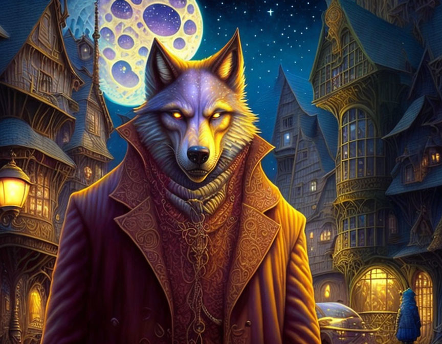 Anthropomorphic wolf in purple Victorian coat with fantasy town backdrop and large moon