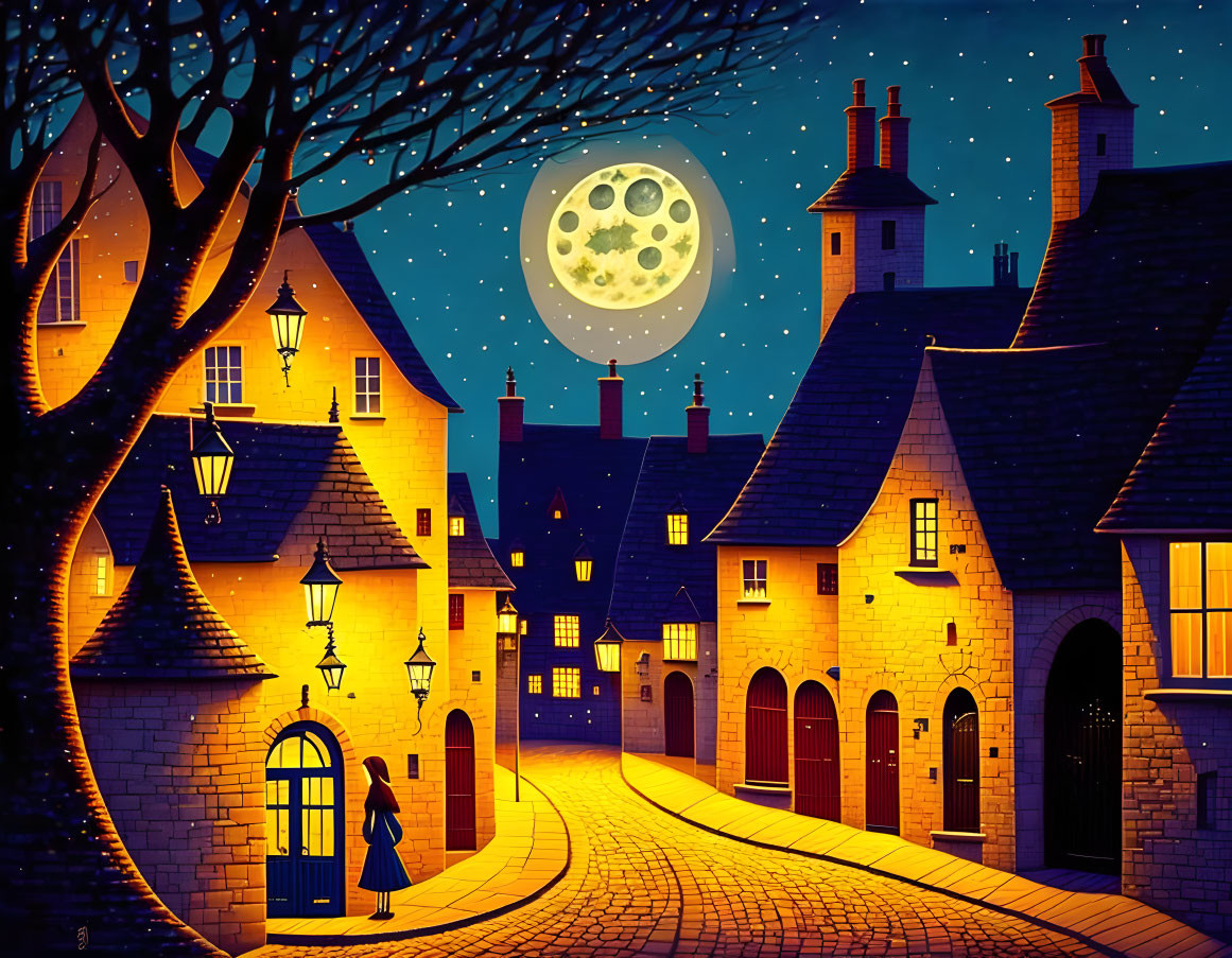 Moonlit village with cobblestone streets and cozy houses at night