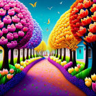 Colorful Tulip Trees and Butterflies Along Vibrant Pathway