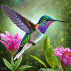 Colorful hummingbird in lush greenery and pink flowers