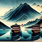 Traditional Chinese Pagoda Boats Painting with Mountain Reflections