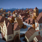 3D-rendered alpine village with exaggerated architecture and warm light