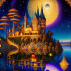 Fantasy landscape with gold and blue castle, lake, trees, moon