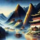 Traditional Chinese architecture with pagodas and misty karst mountains by a calm lake