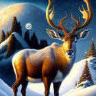 Majestic stag with luminous antlers in snowy night landscape
