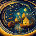 Sailboats on a starry night with celestial bodies and swirling patterns