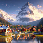 Scenic village by reflective lake, snow-capped mountains, golden sky