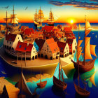 Historical coastal town harbor scene at sunset with tall ships and colorful buildings