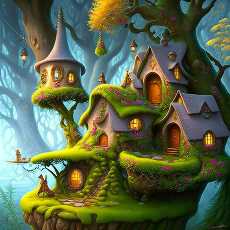 Enchanting tree with whimsical houses and glowing windows