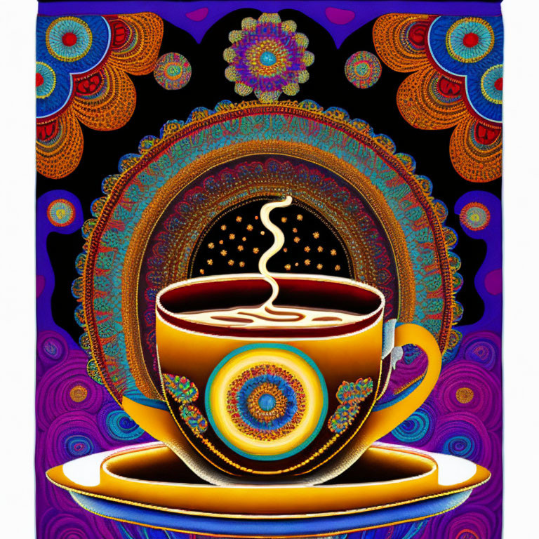 Colorful digital artwork: Steaming coffee cup on ornate blue background