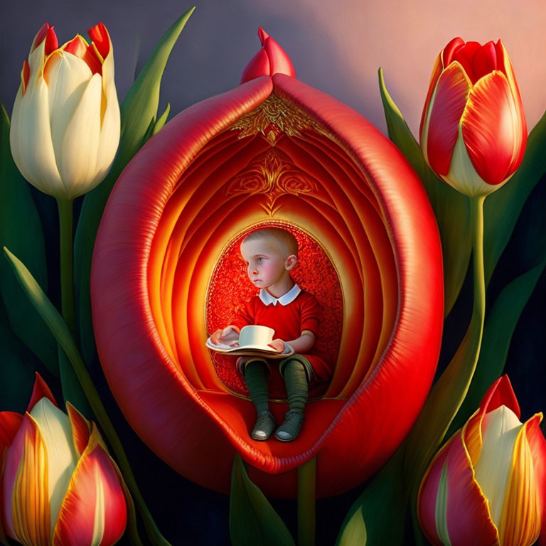 Child reading in oversized red tulip surrounded by flowers at dusk