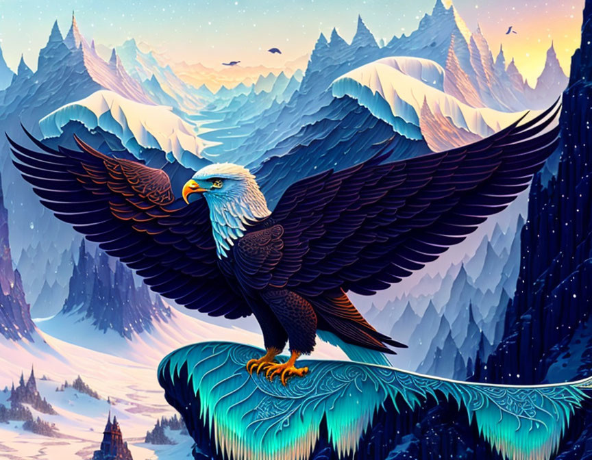 Detailed feathers on majestic eagle perched in snowy landscape