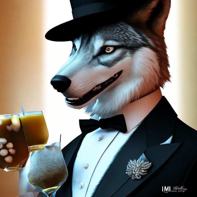 Anthropomorphic wolf in tuxedo and top hat with cocktail glass on warm backdrop