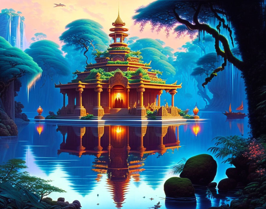 Vividly colored digital artwork of a fantastical temple in mystical forest