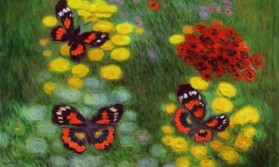 Impressionist Painting: Red and Black Butterflies in Yellow Flower Field