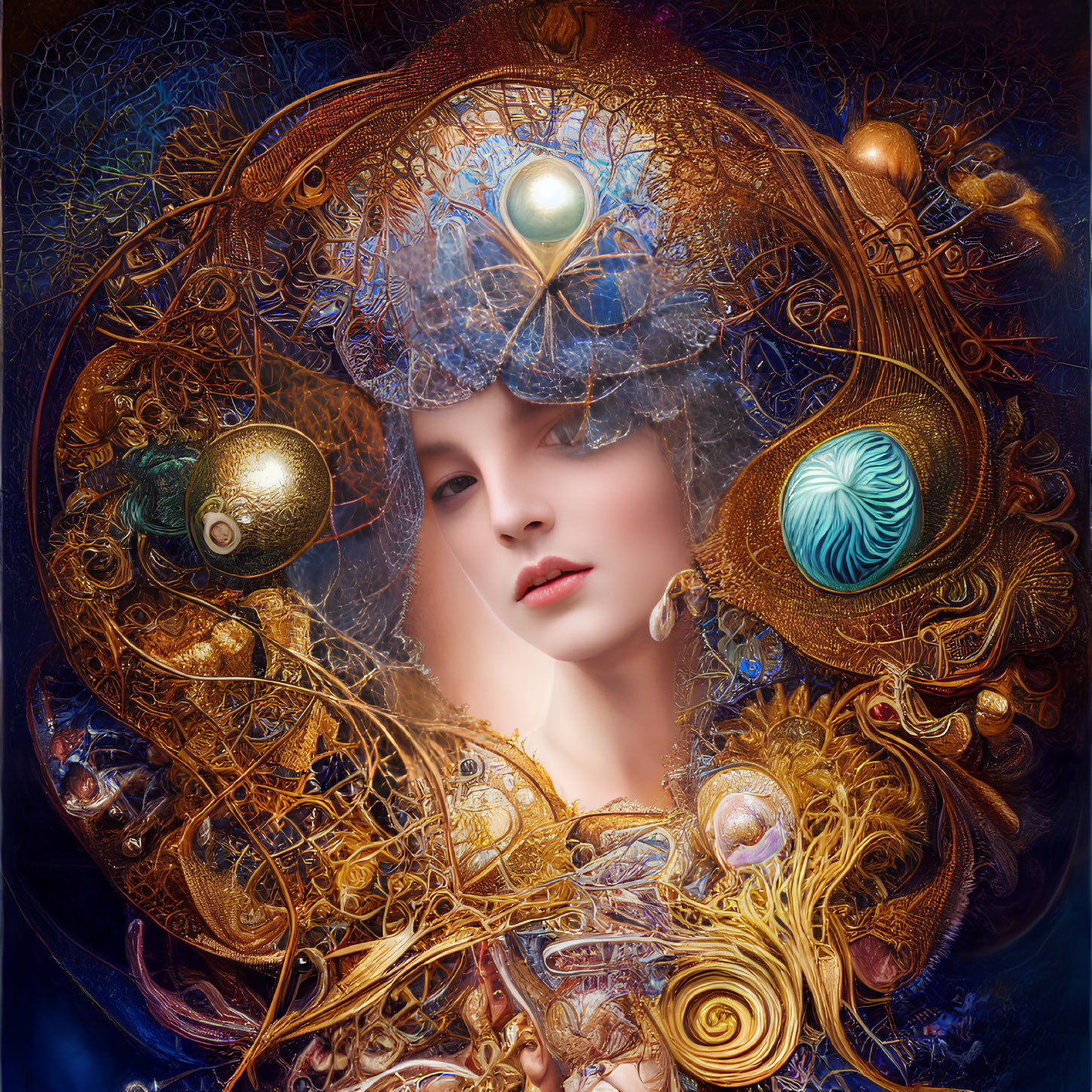 Digital artwork: Woman's face with gold filigree and orbs on blue background