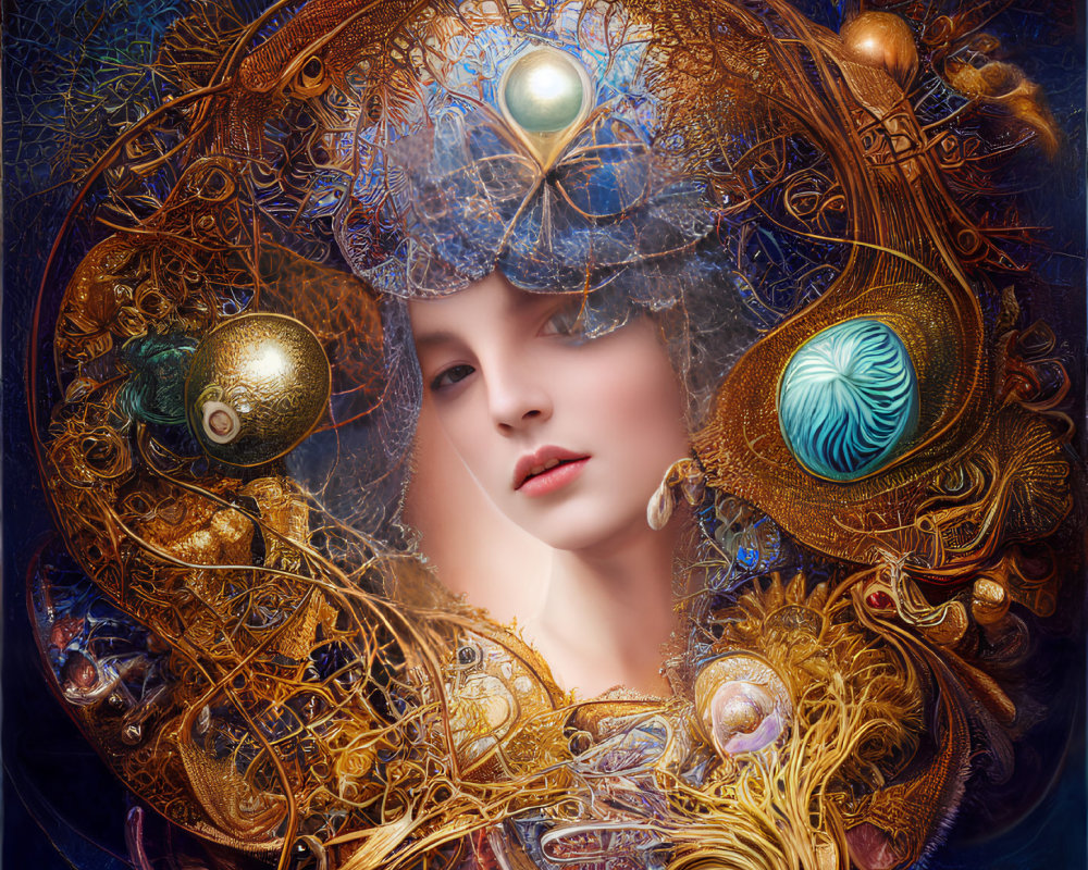 Digital artwork: Woman's face with gold filigree and orbs on blue background