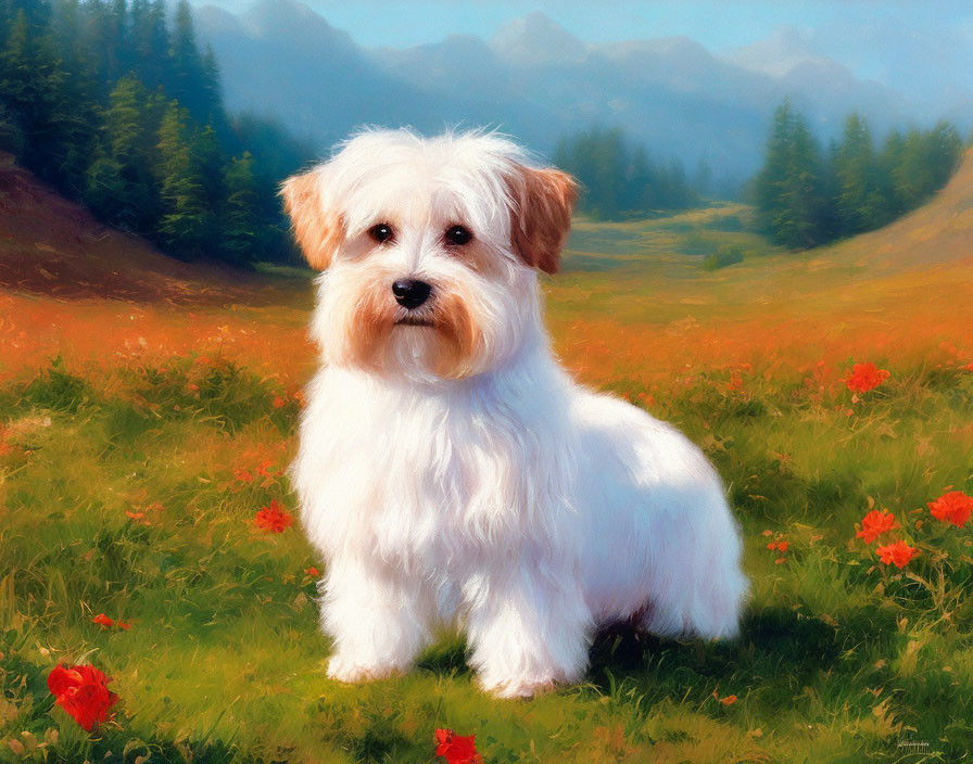 Fluffy white dog in meadow with red flowers and hills under sunny sky