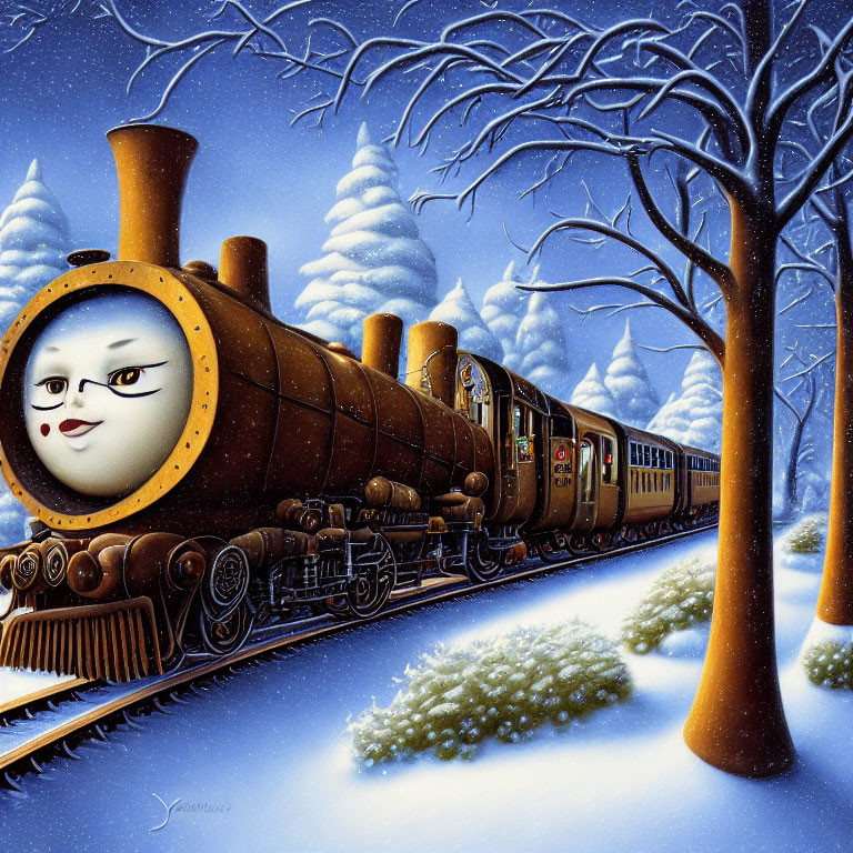 Anthropomorphic steam train in snowy night landscape