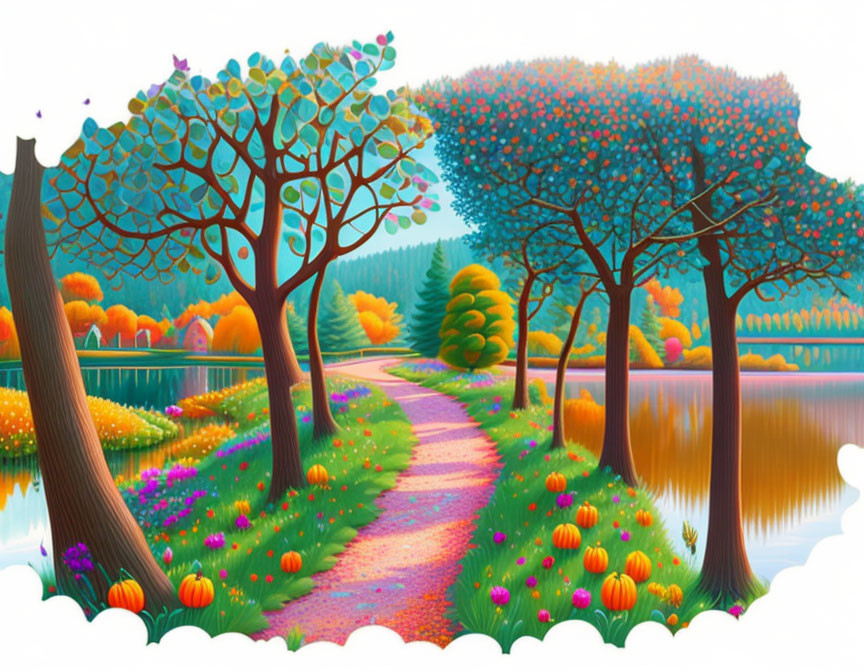 Colorful Illustrated Landscape with Path, Trees, Lake, and Flowers