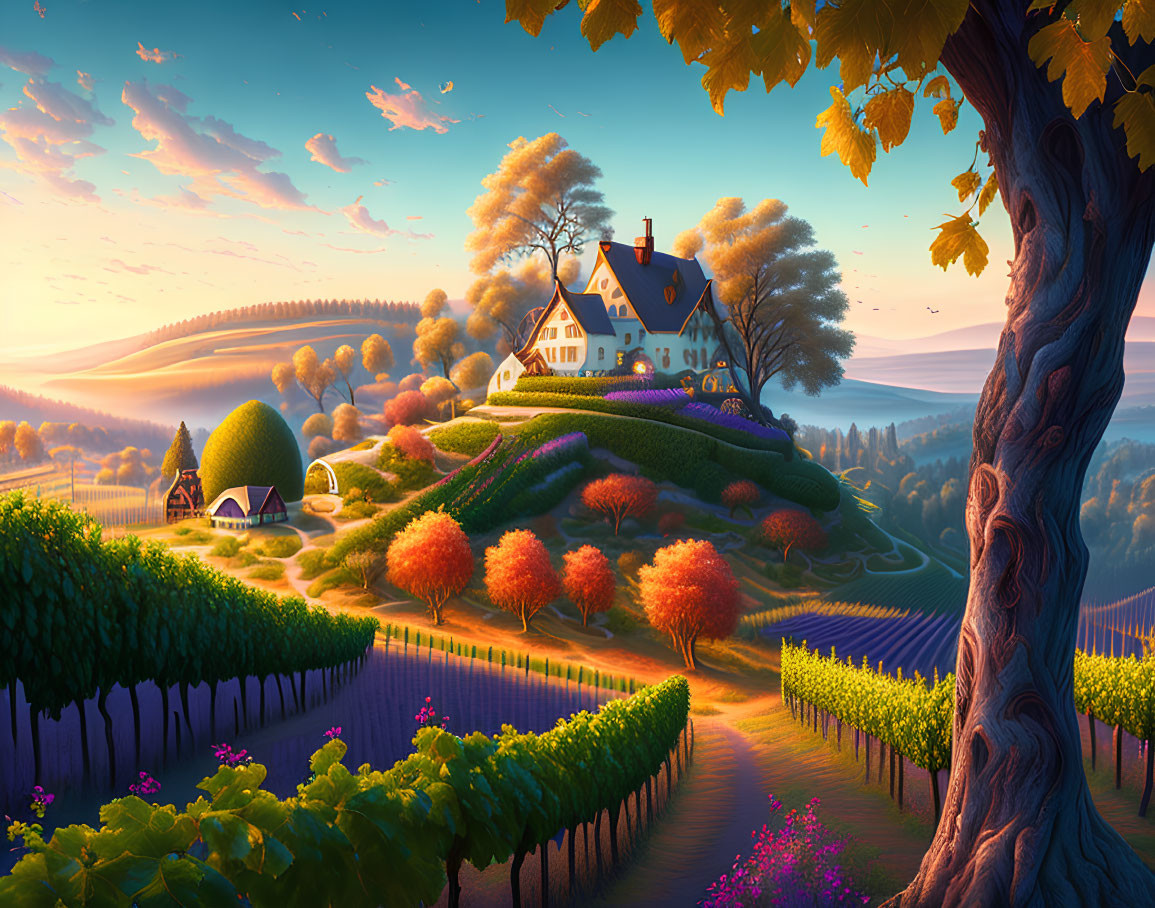 Charming countryside scene with colorful trees and vineyards