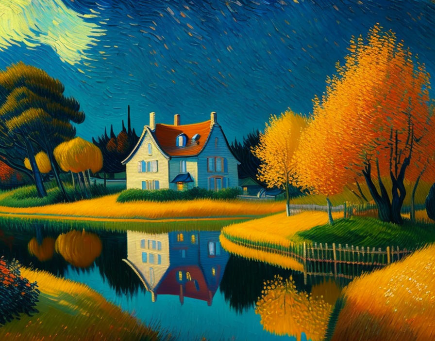 Colorful autumn scene with house, pond, and starry sky