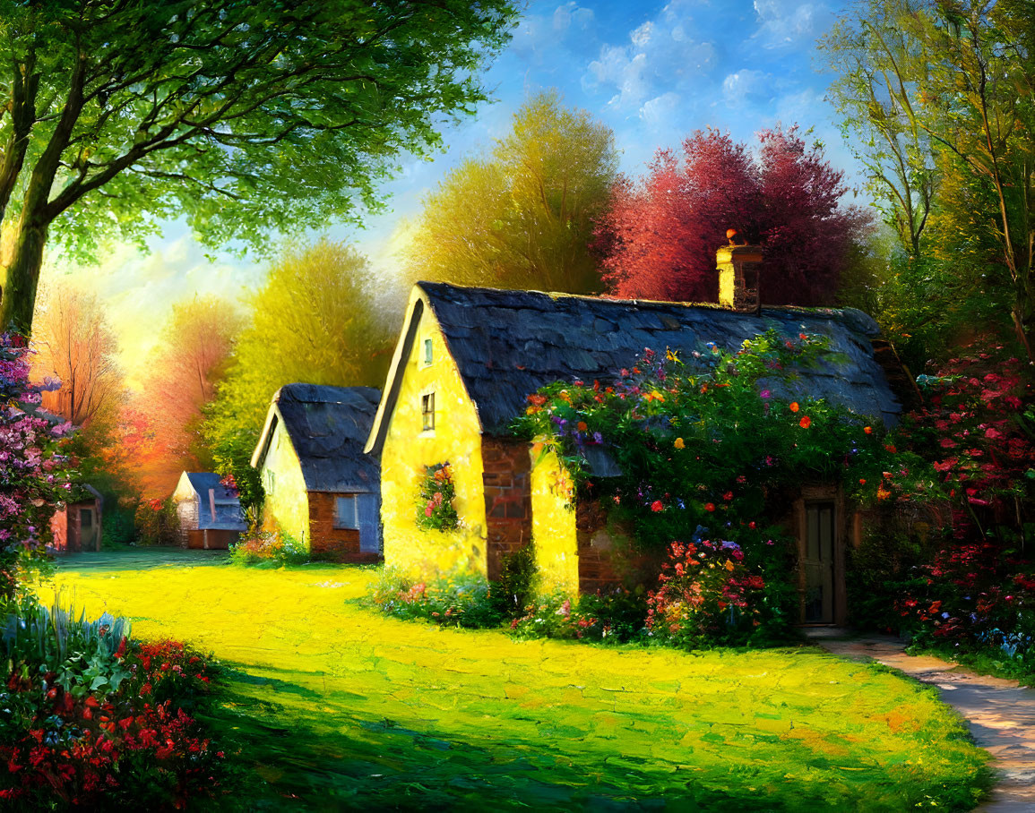 Charming cottage in lush garden at sunset