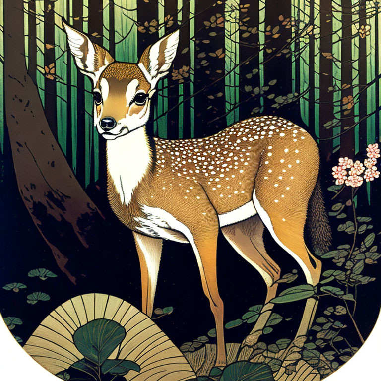 Stylized deer illustration in forest setting with circular border