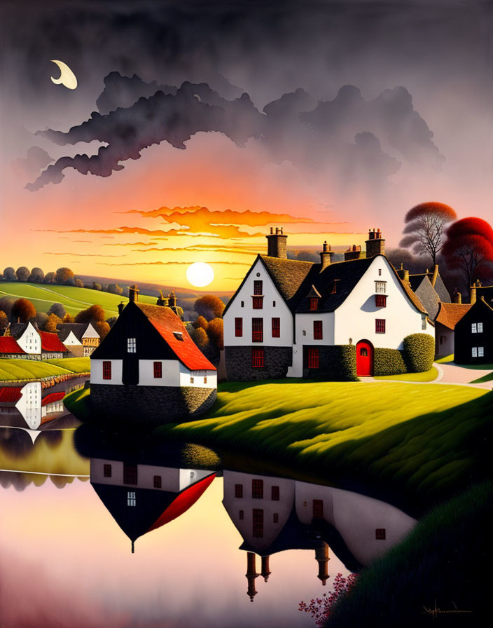 Tranquil village painting with mirrored houses at sunset