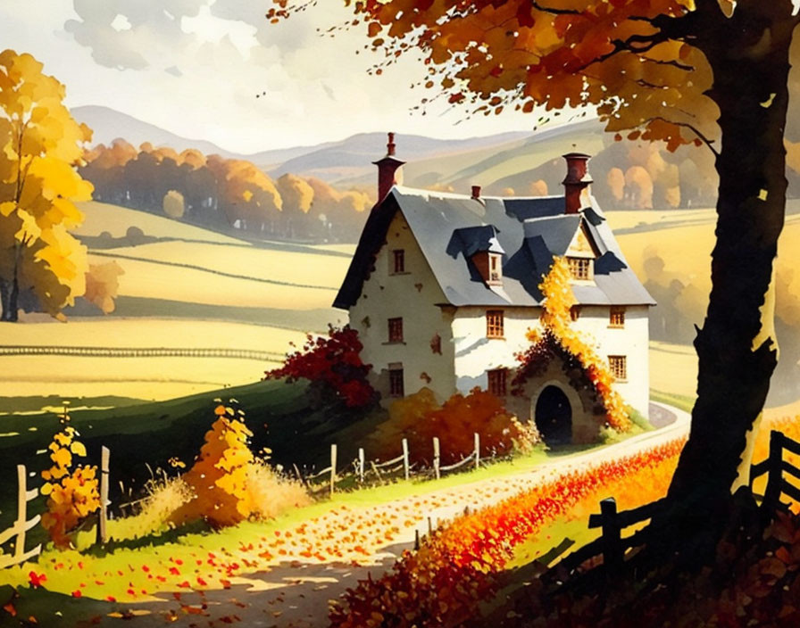 Quaint Country House Surrounded by Autumnal Landscape