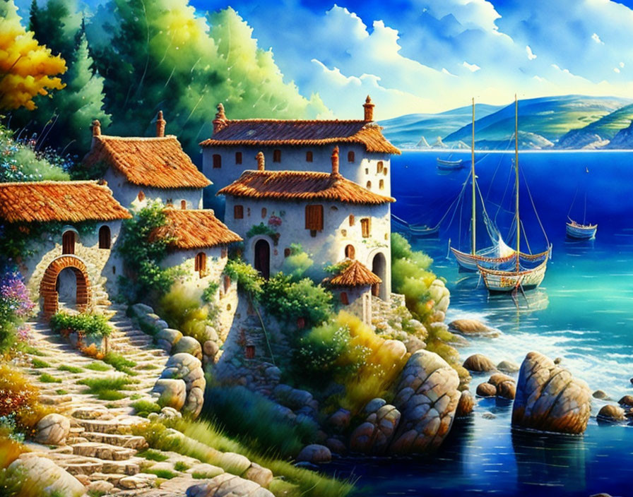 Coastal scene with stone houses, sailboat, and blue water