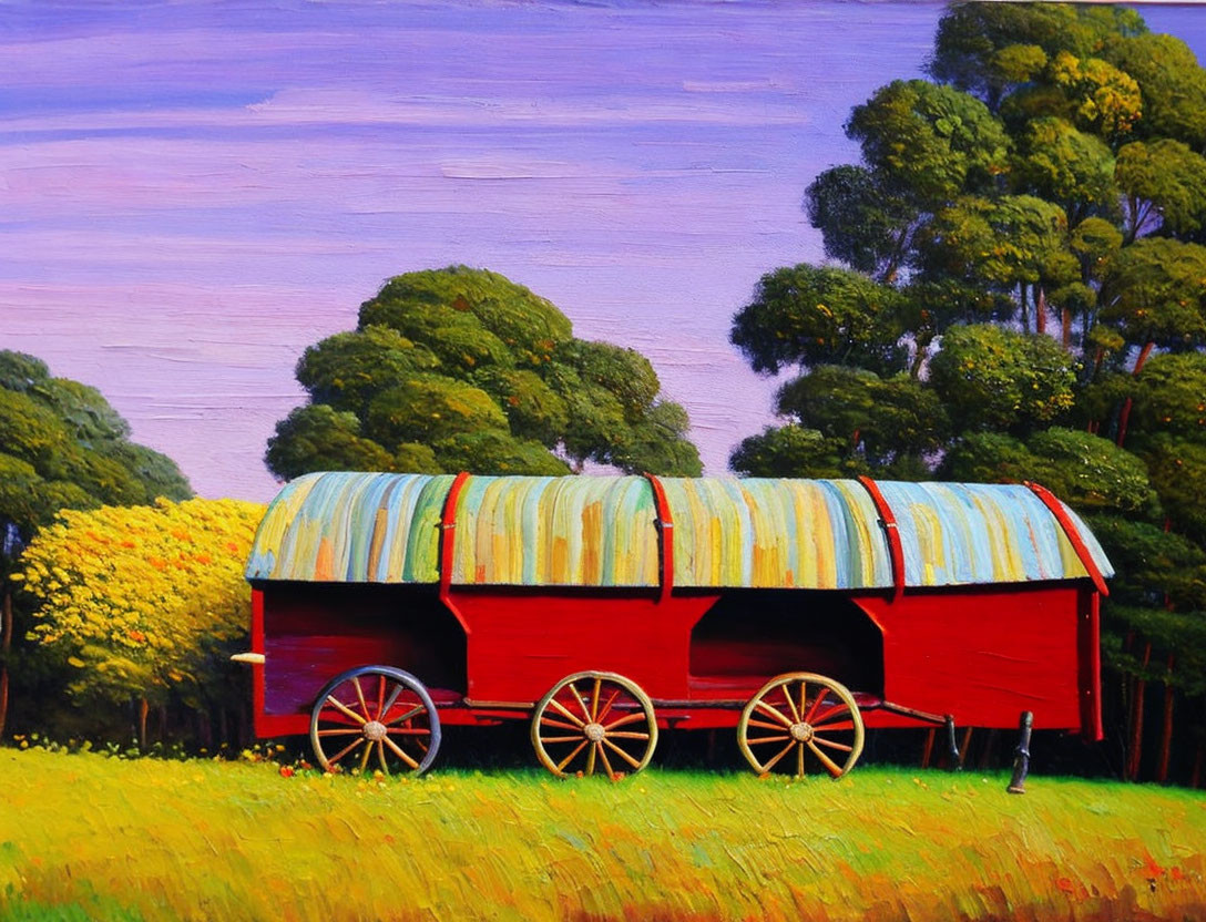 Colorful painting of red gypsy wagon in green field with purple sky