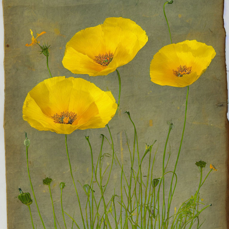 Three yellow poppies with stamens and buds on green stems on aged parchment-like background