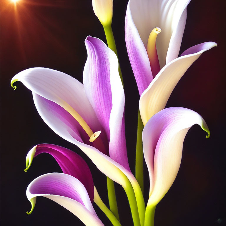 Vivid purple and white calla lilies on dark background with soft lighting