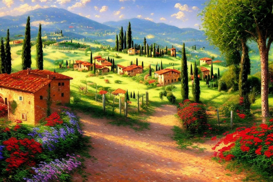 Serene Tuscan countryside painting with rolling hills and cypress trees