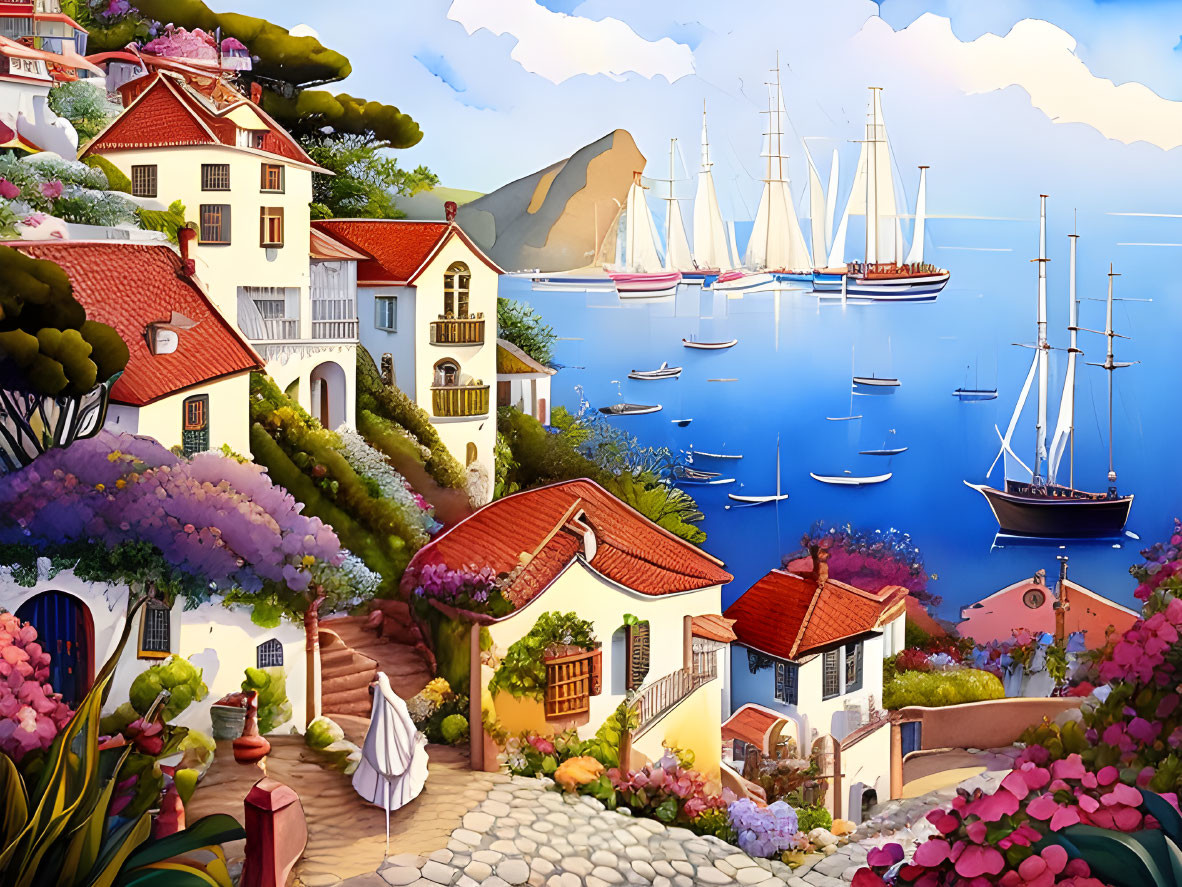 Scenic coastal view with sailboats, flowers, and mountains