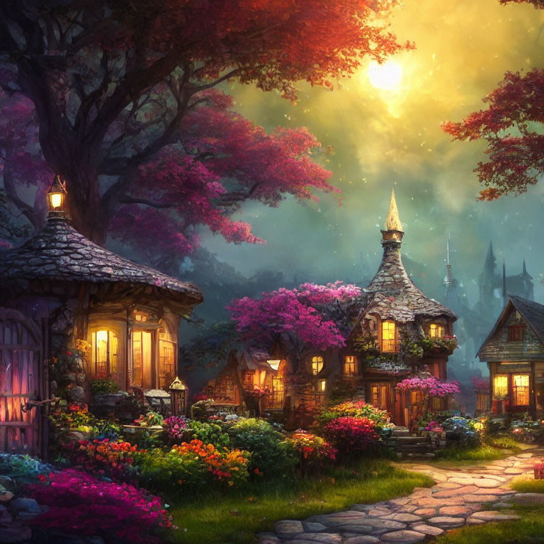 Fairytale village with cozy cottages and blooming flowers
