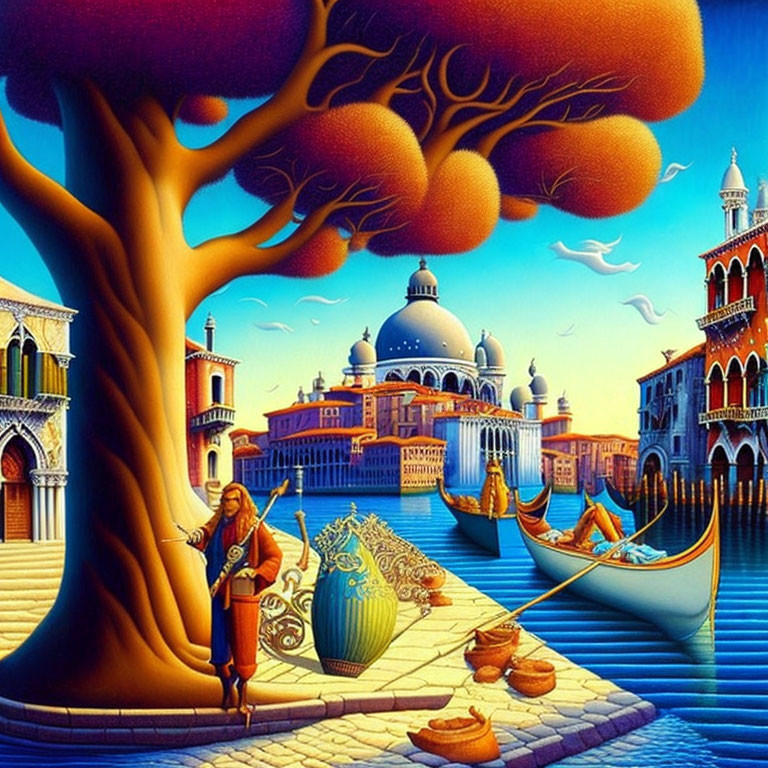 Colorful Venice Illustration with Oversized Tree, Gondolas, Violinist, and Se