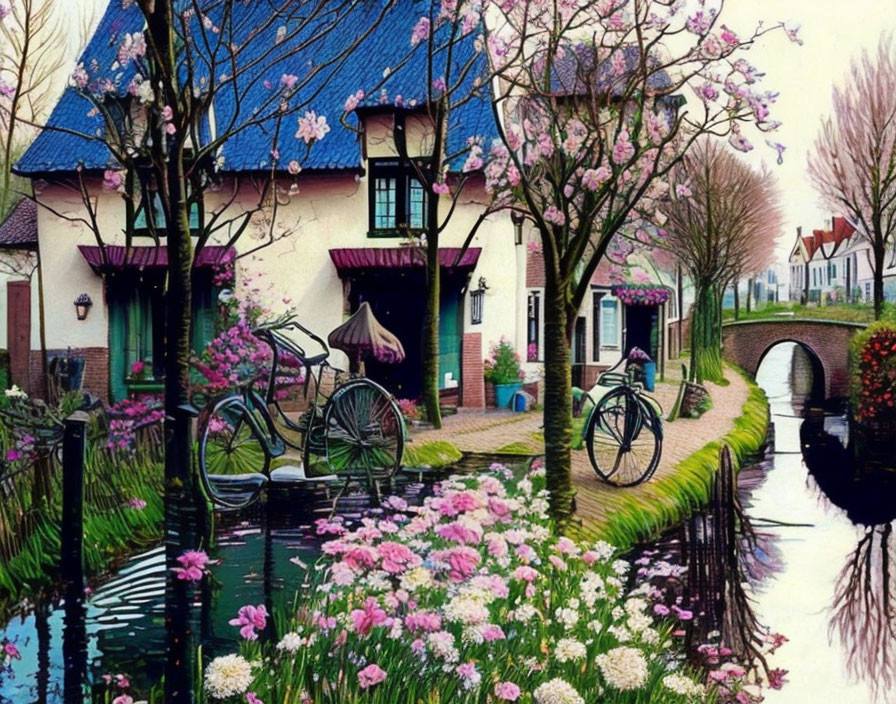 Vibrant flowers, canal, bicycles, blue roof house, stone bridge
