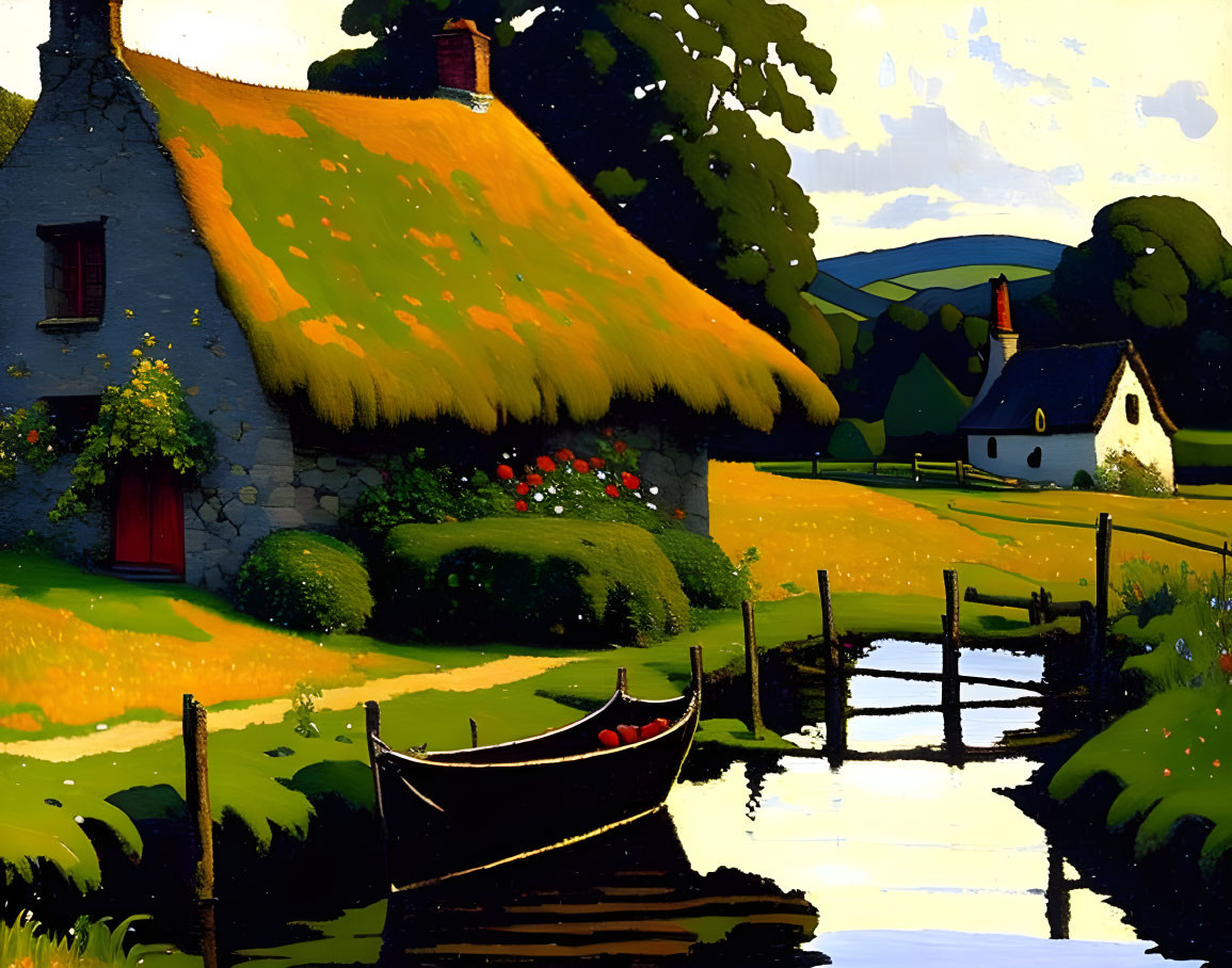 Riverside thatched-roof cottage with rowboat and rolling hills
