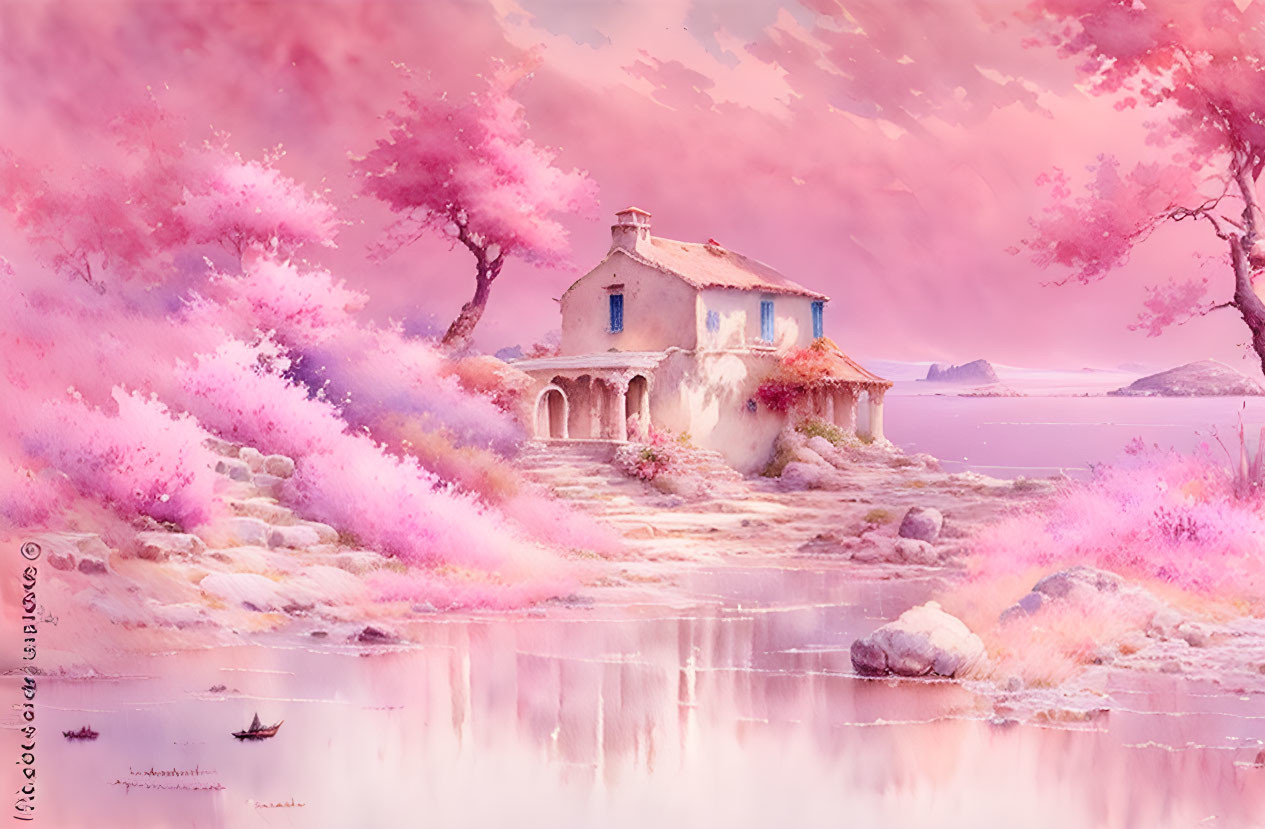 Serene lake, pink trees, quaint house, distant hills in whimsical landscape