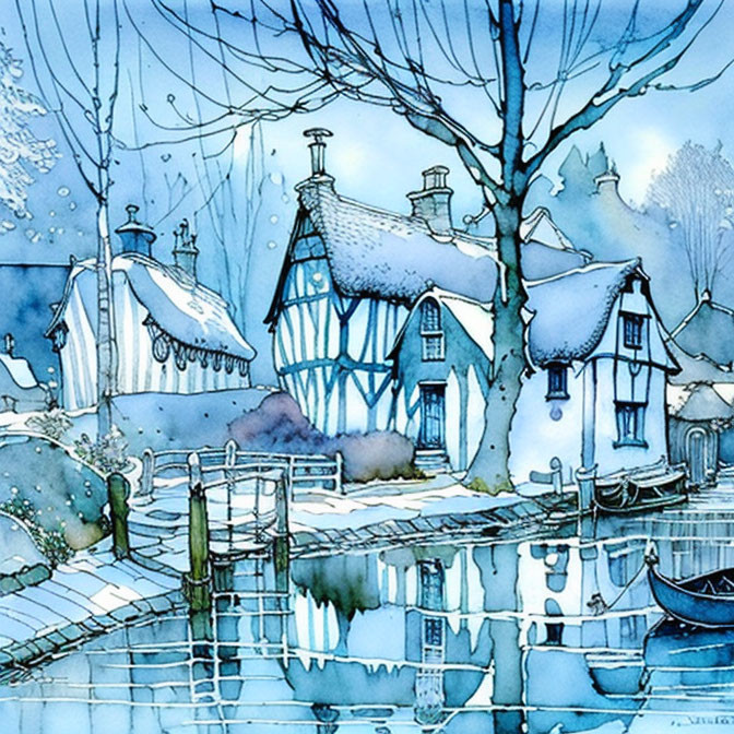 Snow-covered cottage by canal in blue hue, winter tree in watercolor illustration