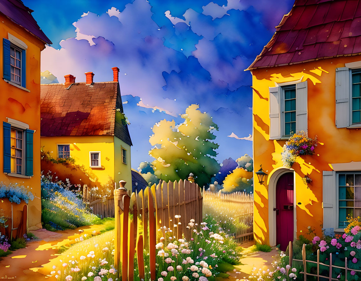 Vibrant village street illustration with colorful houses and whimsical sky