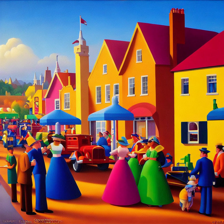 Colorful Stylized Town Scene with Victorian Figures & Vintage Cars