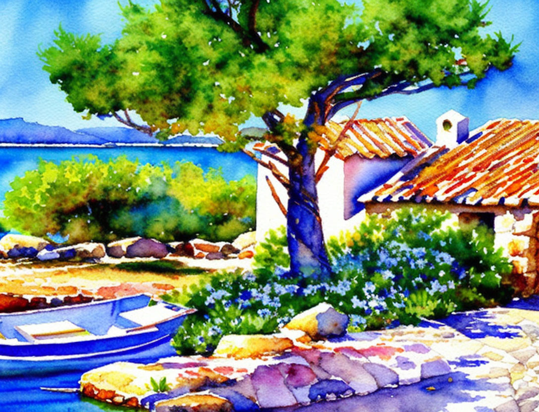 Colorful Watercolor Painting of Mediterranean Seaside Village