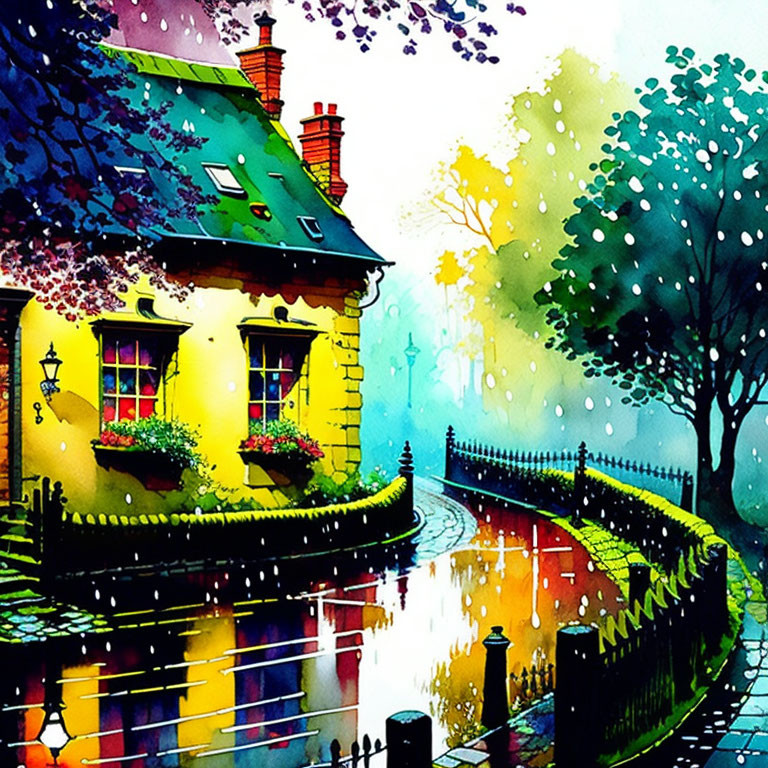 Colorful Watercolor Painting of Quaint House by Reflective Street