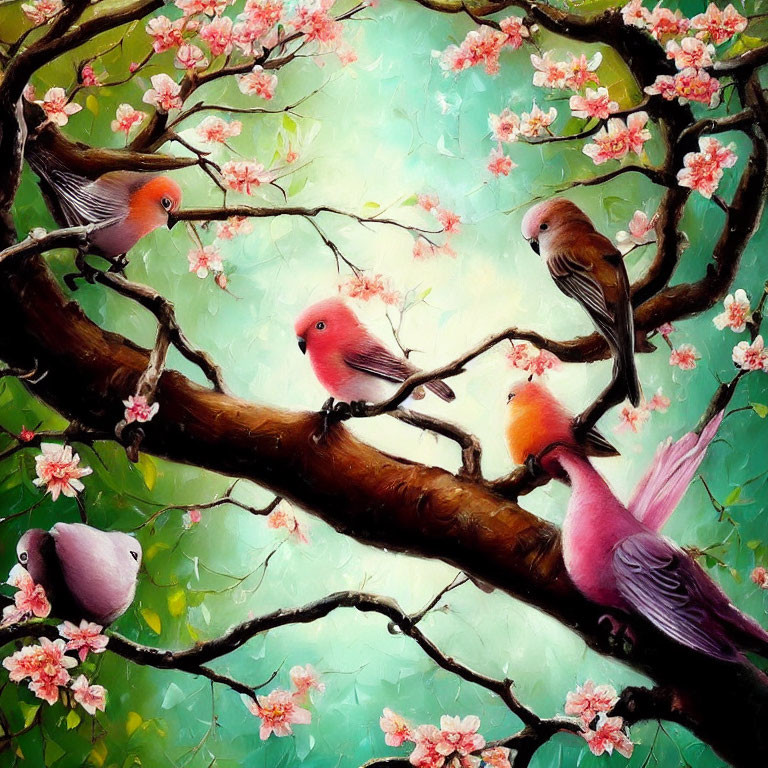 Vibrant birds on blooming tree branches in a lush setting