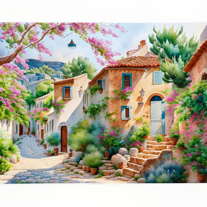 Vibrant village street with blooming pink trees & cobblestone paths