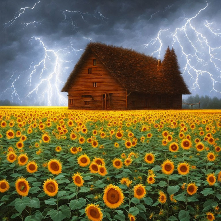 Traditional wooden house in vibrant sunflower field under dramatic lightning sky