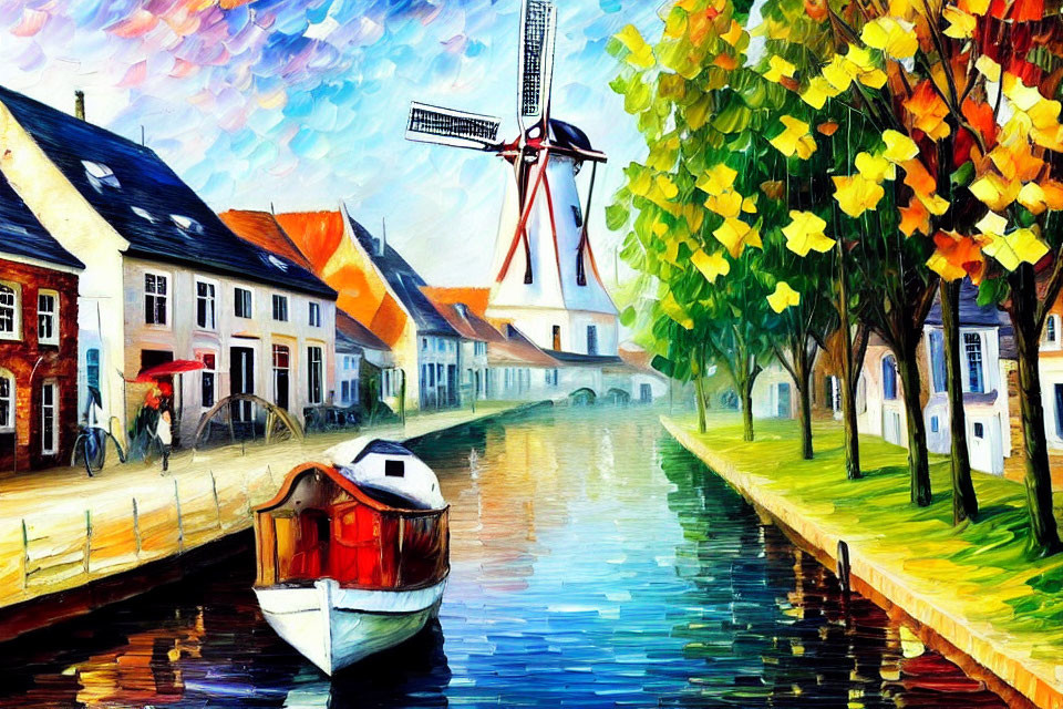 Colorful painting of canal, windmill, autumn trees, boat, and person with bicycle